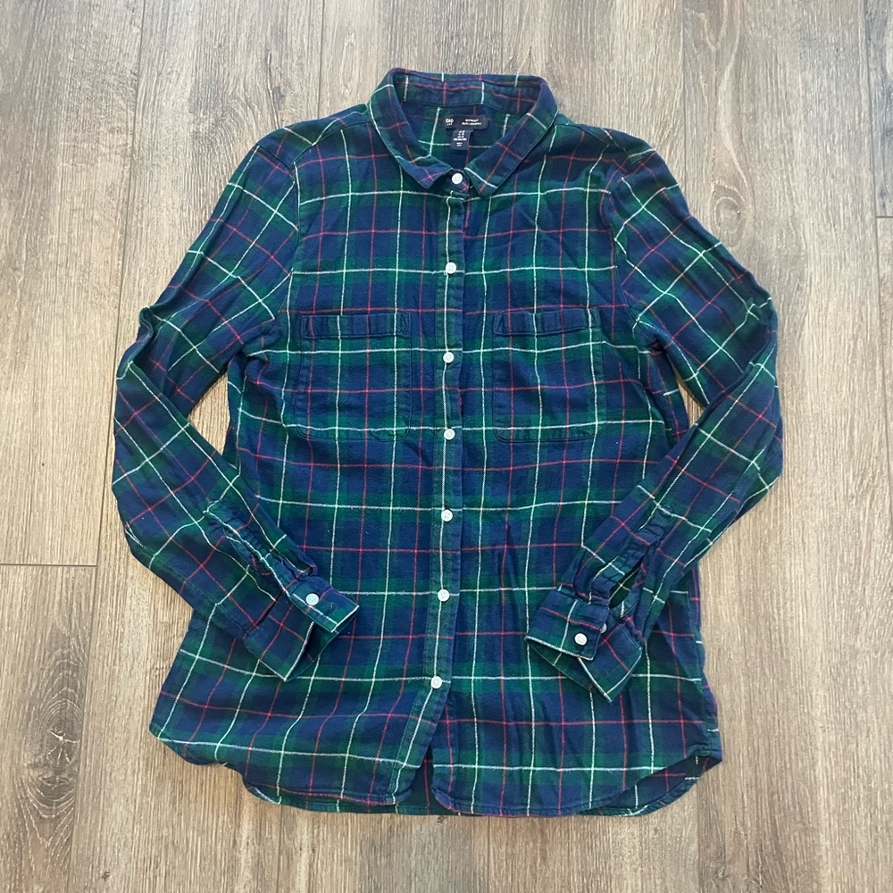 Gap Boyfriend Shirt Women Button up Flannel in Blue & Green Tartan Plaid Size M - Picture 2 of 6
